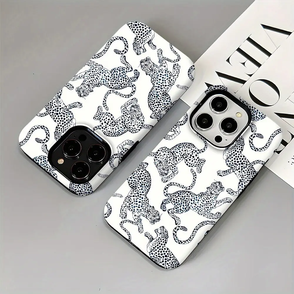 Ink dot snow leopard pattern, durable, shock-absorbing and glossy 2-in-1 phone case, suitable for iPhone 17 16 15 14 13 12 11 X, Samsung and other series models, can be given as a holiday gift to friends or home