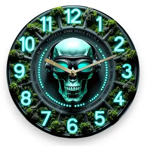 8-in Silent Acrylic Moss Skull Punk Quartz Wall Clock - Lightweight Battery-Operated Gothic Cyber Modern Home Decor, Room Decor, Halloween Gift for Home Supplies, Battery-Operated Wall Clocks