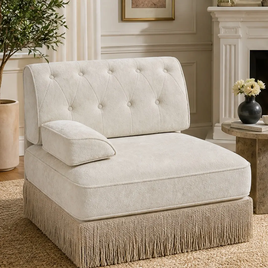 ARCH Modular Sectional Sofa Single Seat Beige Velvet Chesterfield Tufted Backrest with Tassel Skirt Ottoman Included Living Room Accent Chair 33.86Wx38.39Dx34.25H, Beige Color Options, Velvet Material, 1 Seat Seat Count, Product Weight: 48.62 lb