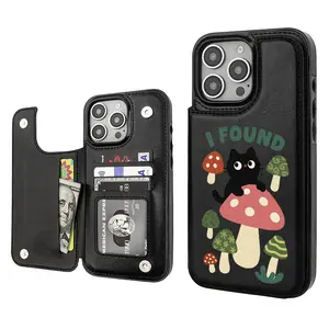 Mushroom kawaii Cat Aesthetics Pattern Phone Cases Compatible For With iphone 16 15 14 13 12 PRO PLUS MAX PU Black Durable Flip High quality Leather Credit Card Bag Holder Mother Gift Wallet Shockproof Anti-Drop Full Protection Phone Cases Shell Cover