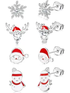 4 Pairs Earrings Christmas Women Girls Christmas Earrings Children Silver Stud Earrings Christmas Set Snowflakes Christmas Tree Earrings Hypoallergenic Jewellery Christmas Gifts
