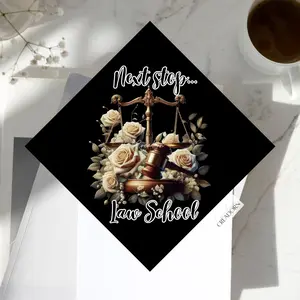 Next Stop Law School Graduation Cap Topper - Design with "Law School" Text & Rose Accents, Featuring Balance Scale and Graduation Theme