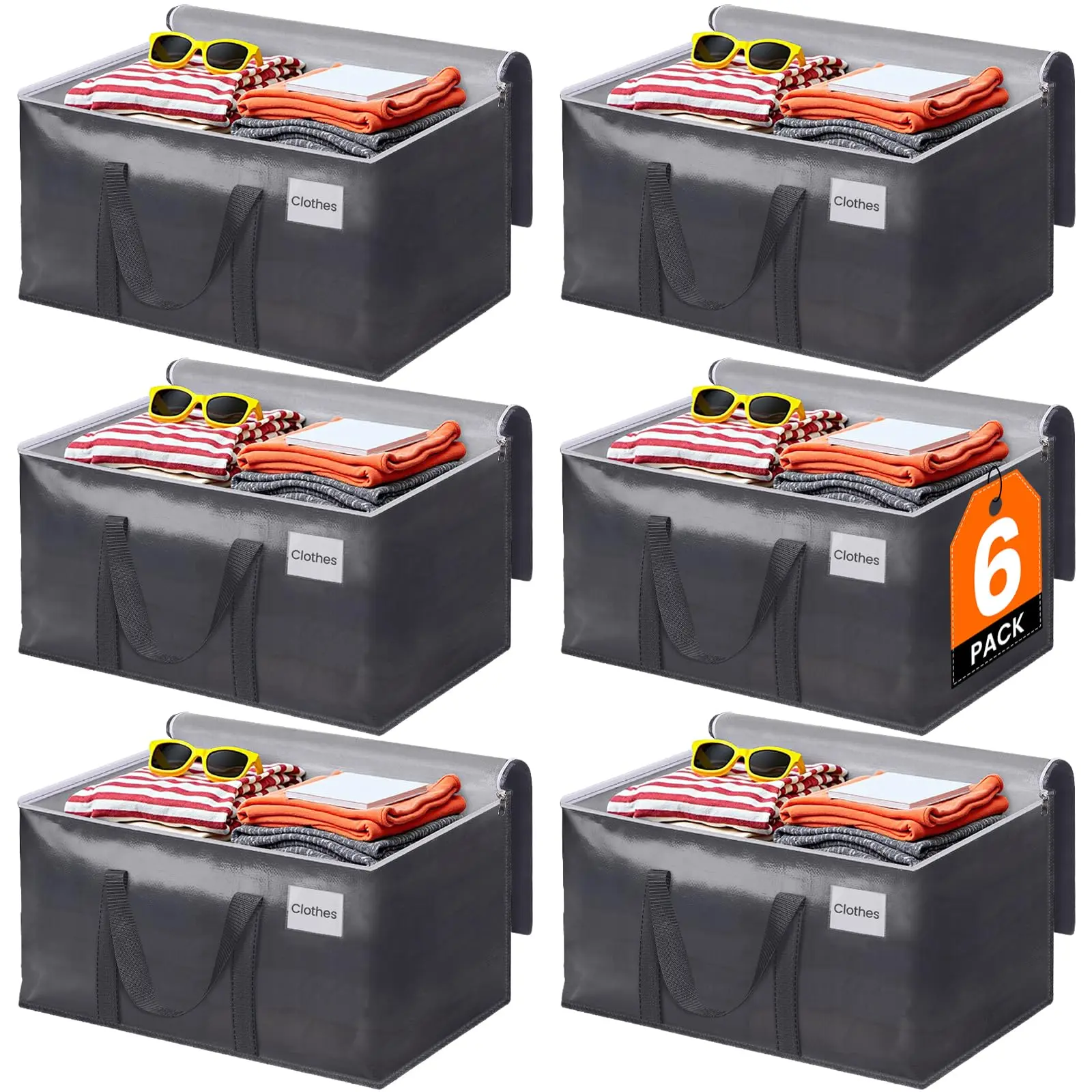 6pc Large Moving Bags（93L)，Grey Heavy Duty Totes For Storagewith Visible Labels , Wrap Around Handles, Storage Bags for Space Saving, Change of seasons Alternative to Moving Boxes,Back to school season gifts