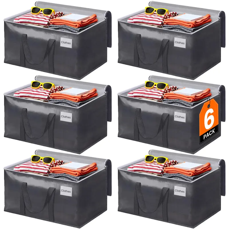 6pc Large Moving Bags(93L),Grey Heavy Duty Totes For Storagewith Visible Labels , Wrap Around Handles, Storage Bags for Space Saving, Change of seasons Alternative to Moving Boxes,Back to school season gifts