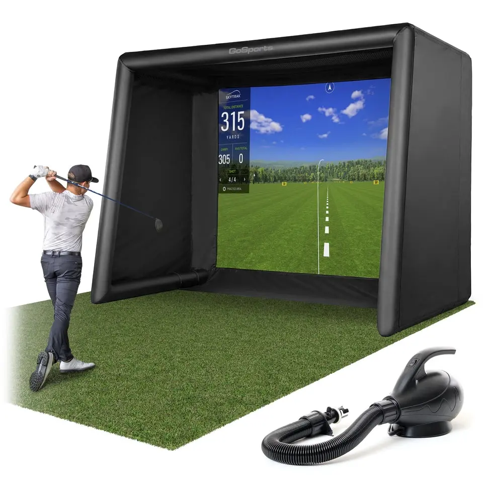 GoSports Commercial Grade Inflatable Golf Simulator Enclosure for Home - 12 x 9 ft Indoor & Outdoor Portable Hitting Cage with Golf Simulator Impact Screen - Includes Electric Pump and Storage Case