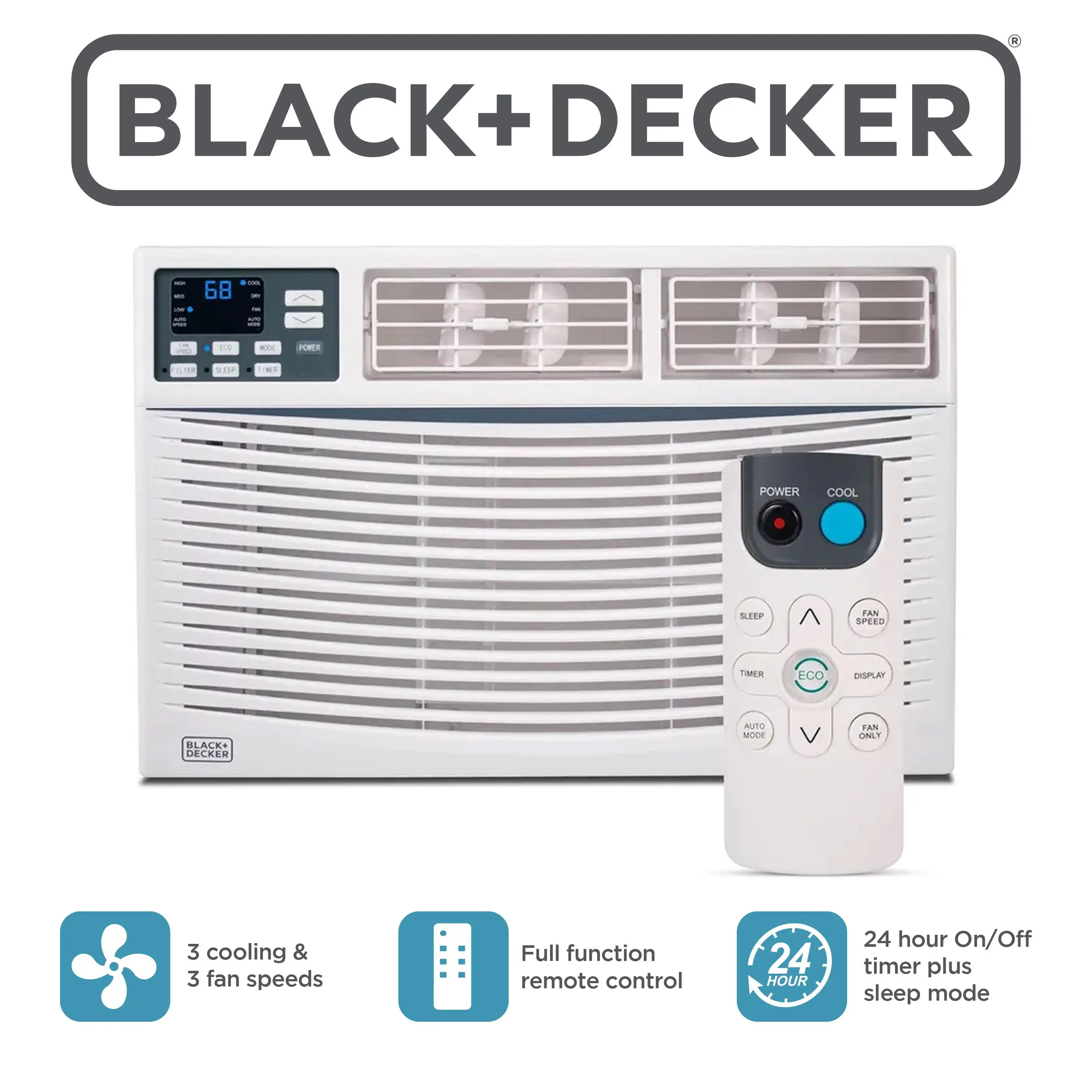 BLACK+DECKER Window Air Conditioner 12,000 BTU, AC Window Unit Cools Up to 550 Square Feet, AC Unit with Remote Control, 3 Cooling Speeds and Fan Only Function, BWAC12WTB, White