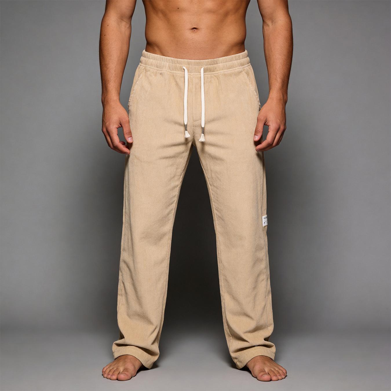 Men’s corduroy drawstring pants, casual straight-leg corduroy trousers with elastic waist, soft breathable loungewear for everyday wear and home