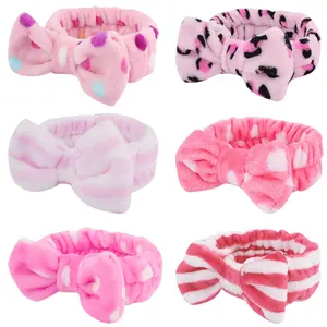 6 Pack Pink Spa Headbands, Makeup Headbands Skincare Headbands Microfiber Bow Headbands Leopard Stripe Polka Facial Headband Soft Elastic Hair Band Headband for Washing Face