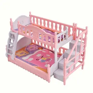 Mini Dollhouse Twin Bed Furniture Set, Upper Lower Bunk Bedroom Scene Model, Kids Role Play Toy Accessories, Home Decor Gift Idea