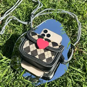 PokPock Heart Clip-On Crossbody Phone Pouch – Hands-Free Mini Bag with Adjustable Rope Strap for iPhone & Android | Cute Checkered Pattern Purse for Essentials On-the-Go