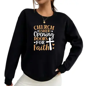 Black Long Sleeve Sweatshirt Featuring Faith Words 'CHURCH,' 'USHER,' and 'DOORS' with Heart Designs