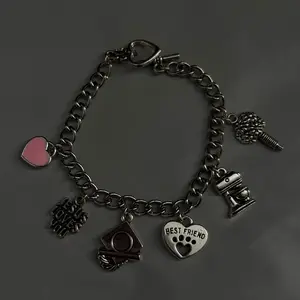 Charm Bracelet Set with Pink Heart & Best Friend Charms - 6-Piece Casual Accessory for Expressing Love & Bonding with Best Friends