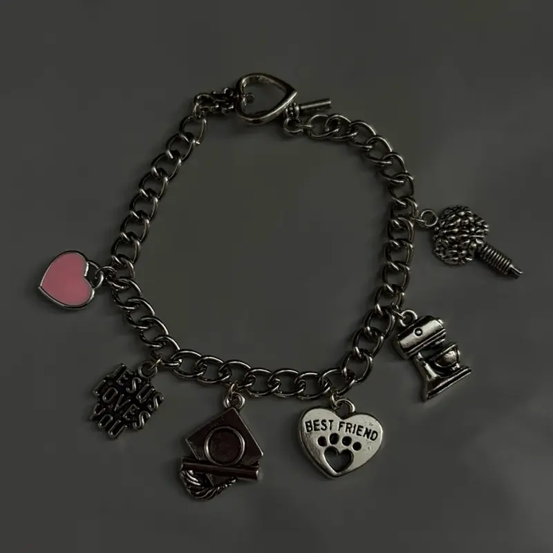 Charm Bracelet Set with Pink Heart & Best Friend Charms - 6-Piece Casual Accessory for Expressing Love & Bonding with Best Friends