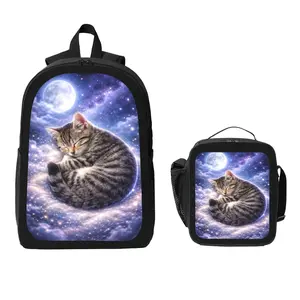 Cute Dreamy Cat Backpack and Lunch Bag Set Bundle Large Capacity Backpack with Insulated Lunch Tote Lightweight Durable Multi Pocket Design Comfortable Shoulder Straps Travel Daily Use Organizer Stylish Matching Set Unisex