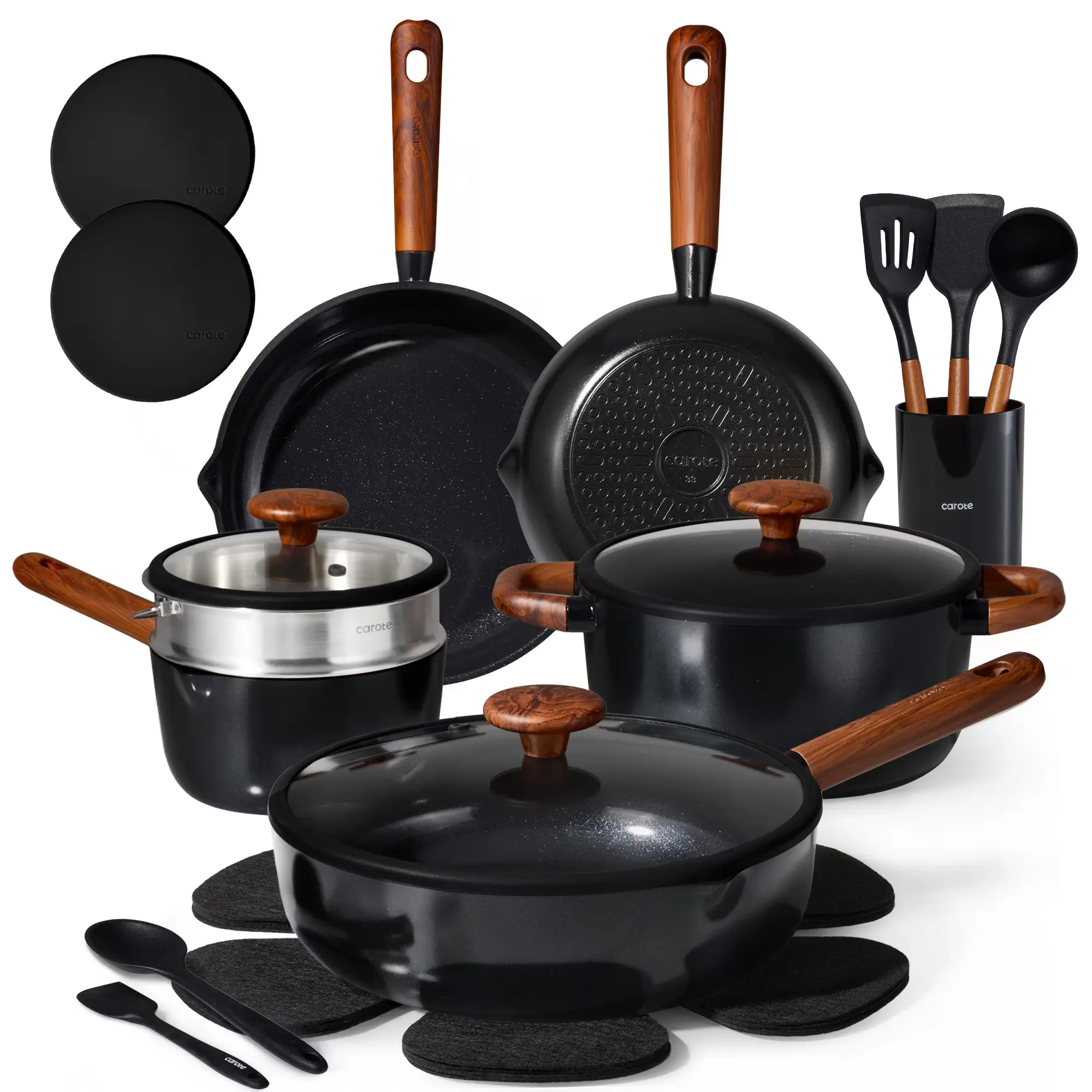 21-Piece Ceramic Cookware Set, Nonstick Pots and Pans with Steamer, Induction Compatible, Black