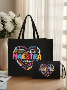 Maestra Theme Handbag and Makeup Bag Set, Includes Handbag and Coin Wallet, Large Capacity Linen Shopping Bag, Heart Pattern, Pencil, Ruler, Flower, Fashion Tote Bag