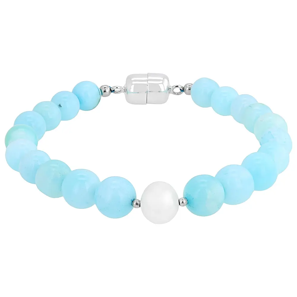 Women's Minimalist Beaded Bracelet - Rhodium Over Sterling Silver, Blue Opal & Cultured Freshwater Pearl Accents, 7.5 in Magnetic Lock
