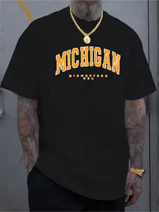 Men's Summer MICHIGAN College Style Printed Short Sleeve T-shirt American Retro Letter Loose Top