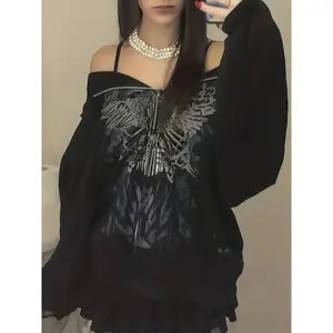 Pattern hoodie, casual zipper long sleeved hoodie for autumn and winter, women's clothing top collar