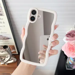 iPhone 16 Case Cute Floral Women Flower Silicone Soft Flexible Shockproof Protective Slim Thin Girly Phone Cases for iPhone 16 Beige with Mirror Design