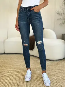 Judy Blue Distressed Slim Jeans - Mid Waist Denim Fashion Fit for Women, Comfortable & Stylish Everyday Wear, Casual Check Cotton Day Dress, Womenswear Blouse