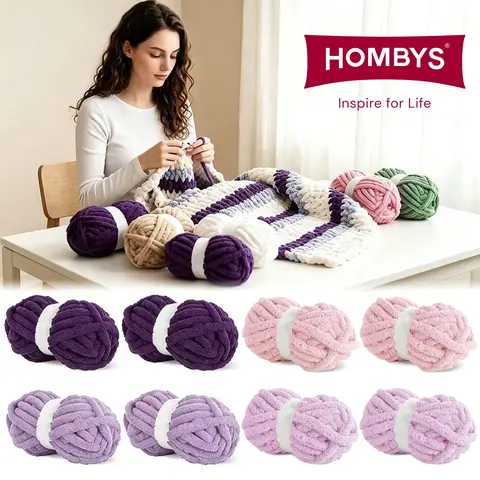 HOMBYS Premier Yarn Set - 3/4" Super Soft Chunky Chenille Velvet, 8 oz 27yds Each Skein, Knitted Material Knitting Supplies for Arm Knitting DIY Crafts (Mom-Friendly)