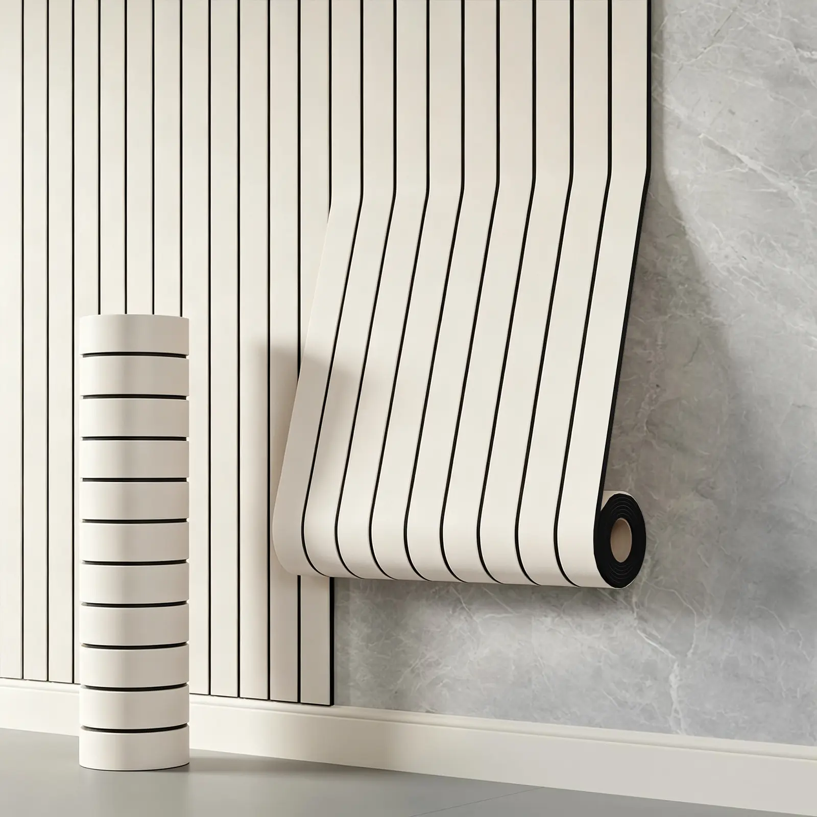 Modern Slats Self-Adhesive PVC Wall Panels Roll - Peel and Stick Self Adhesive Wood Panel Wallpaper, 3D Shaped Indoor Wallpaper (15.75"x118"), Thick Covering for DIY Users, Easy Installation on Accent Walls, Bathrooms