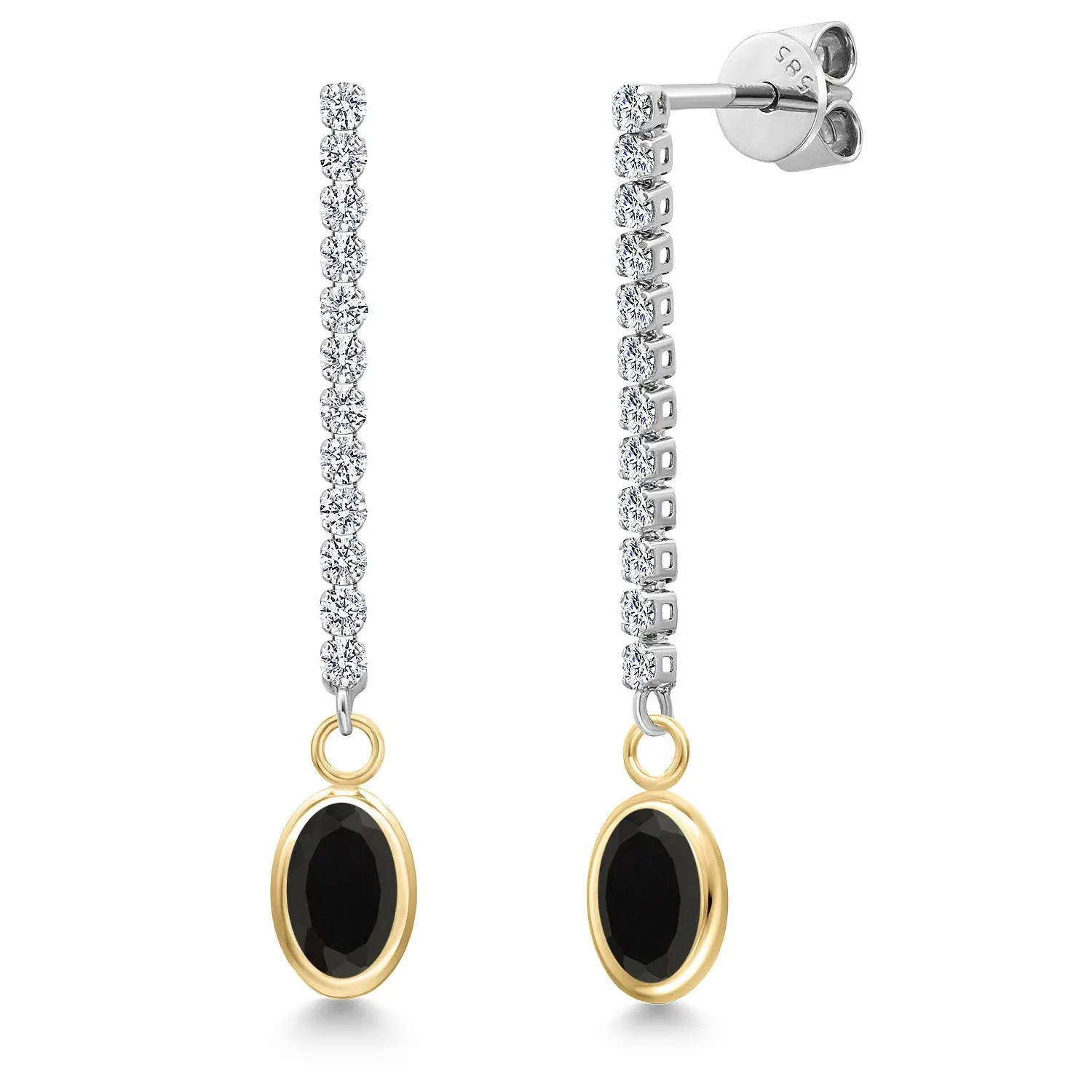14K Two Tone Gold Black Onyx and Lab Grown Diamond Dangle Earrings for Women | 1.76 Cttw | Gemstone December Birthstone | Oval 7X5MM