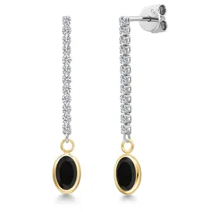 14K Two Tone Gold Black Onyx and Lab Grown Diamond Dangle Earrings for Women | 1.76 Cttw | Gemstone December Birthstone | Oval 7X5MM