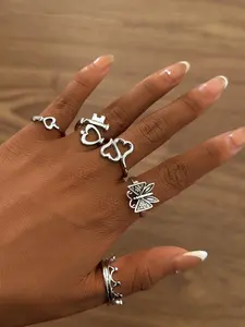 Elegant Women's Ring Set, Fashion Heart Rings, Heart Butterfly Design, Perfect for Parties & Daily Wear, Stylish Jewelry Gift Idea