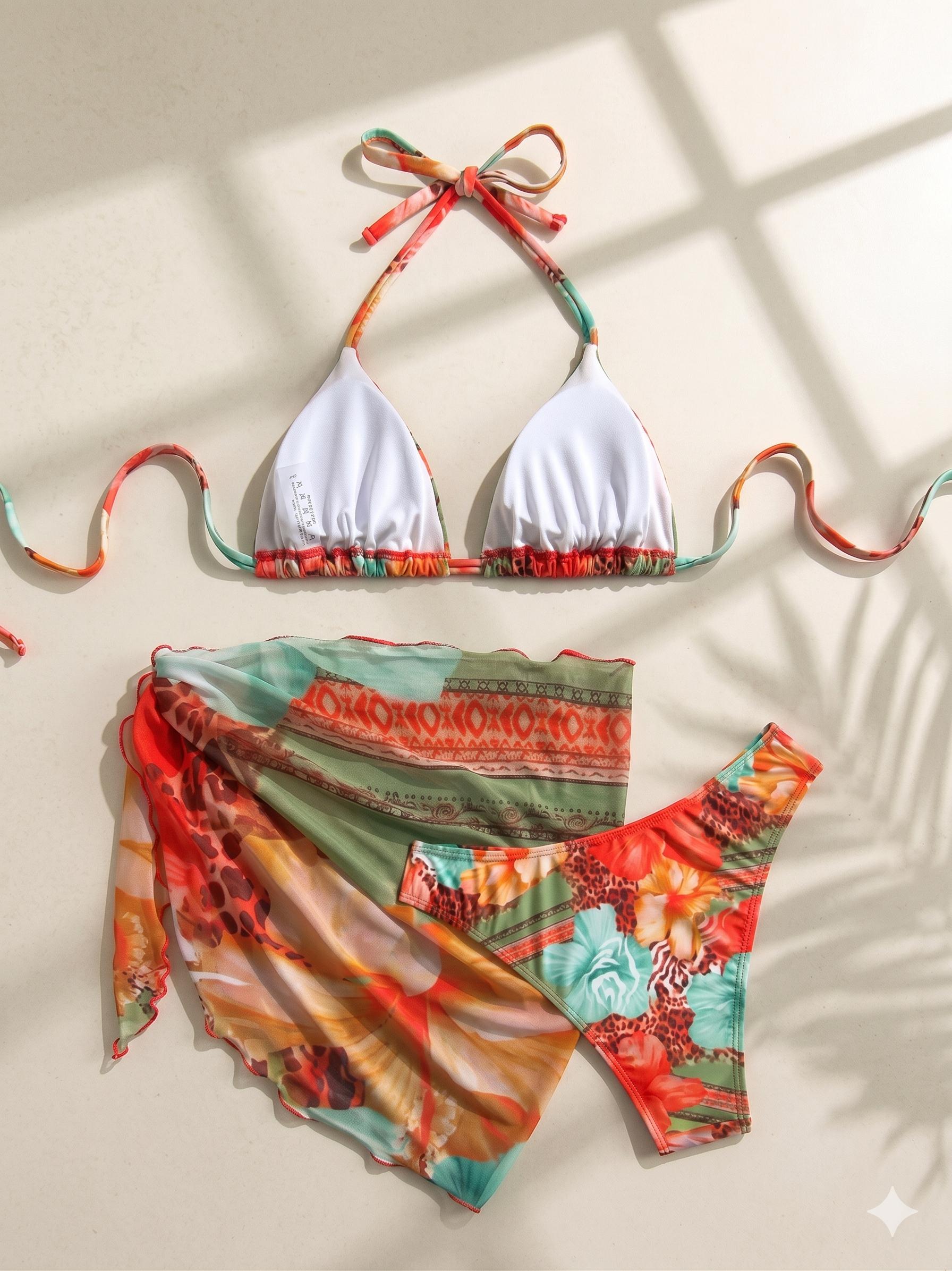 Three-Piece Set Women's All Over Print Bikinis Set, Ruffle Trim Halter Tie Back Triangle Bikini Top & Thong & Sheer Tie Side Cover Up Skirt Swimwear Set for Beach, Women's Swimsuit for Summer, Floral Print Bikinis, Flower Print Bikini, Bikini Sets