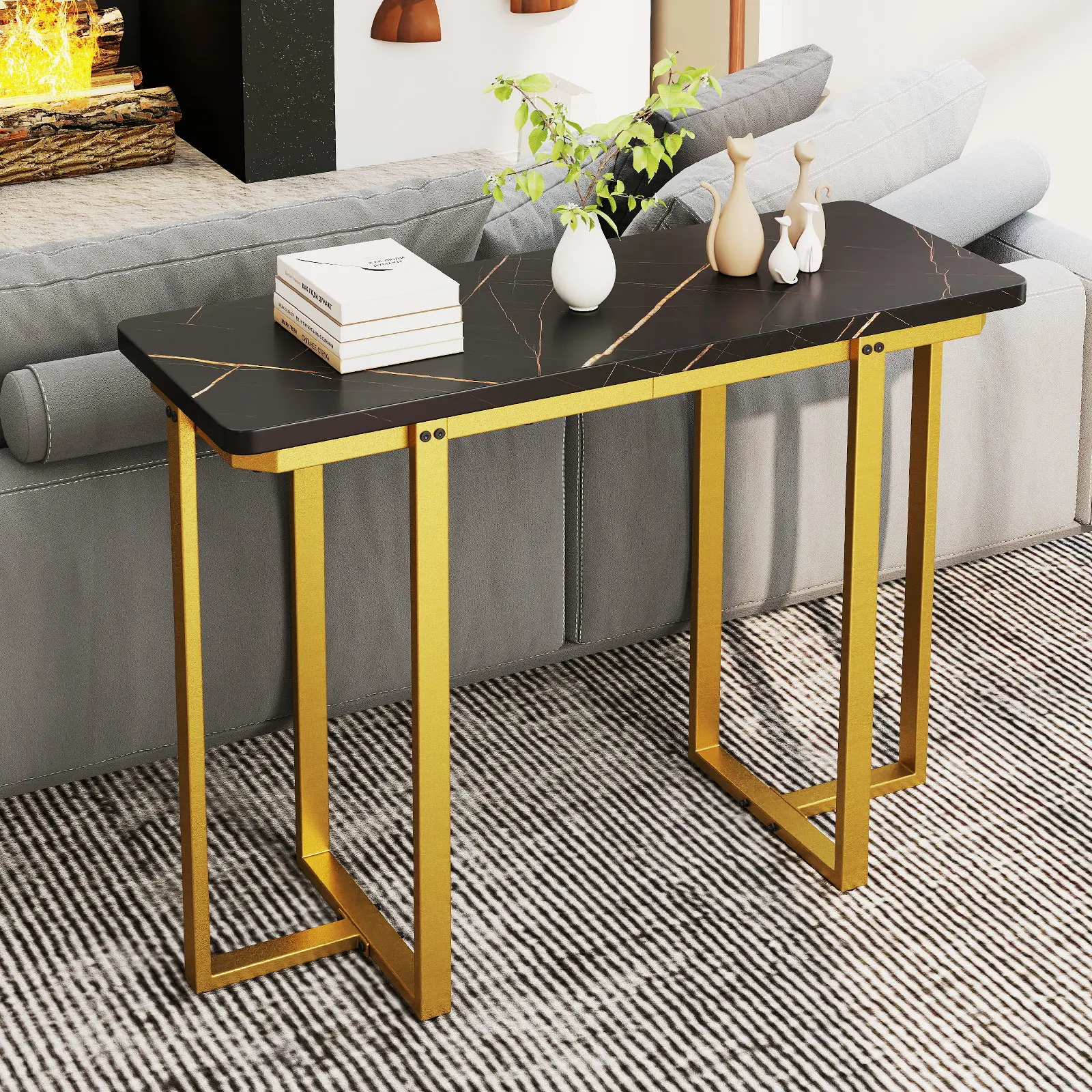 COSTWAY - 42 Inches Modern Faux Marble Entryway Table with Geometric Metal Frame-Black