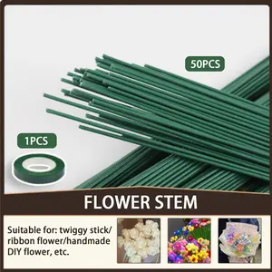 50 Plastic Flower Stems and 1 Roll Tape, Artificial Flower Stems and Wire for DIY Bouquets, Floral Arrangements, Decorations