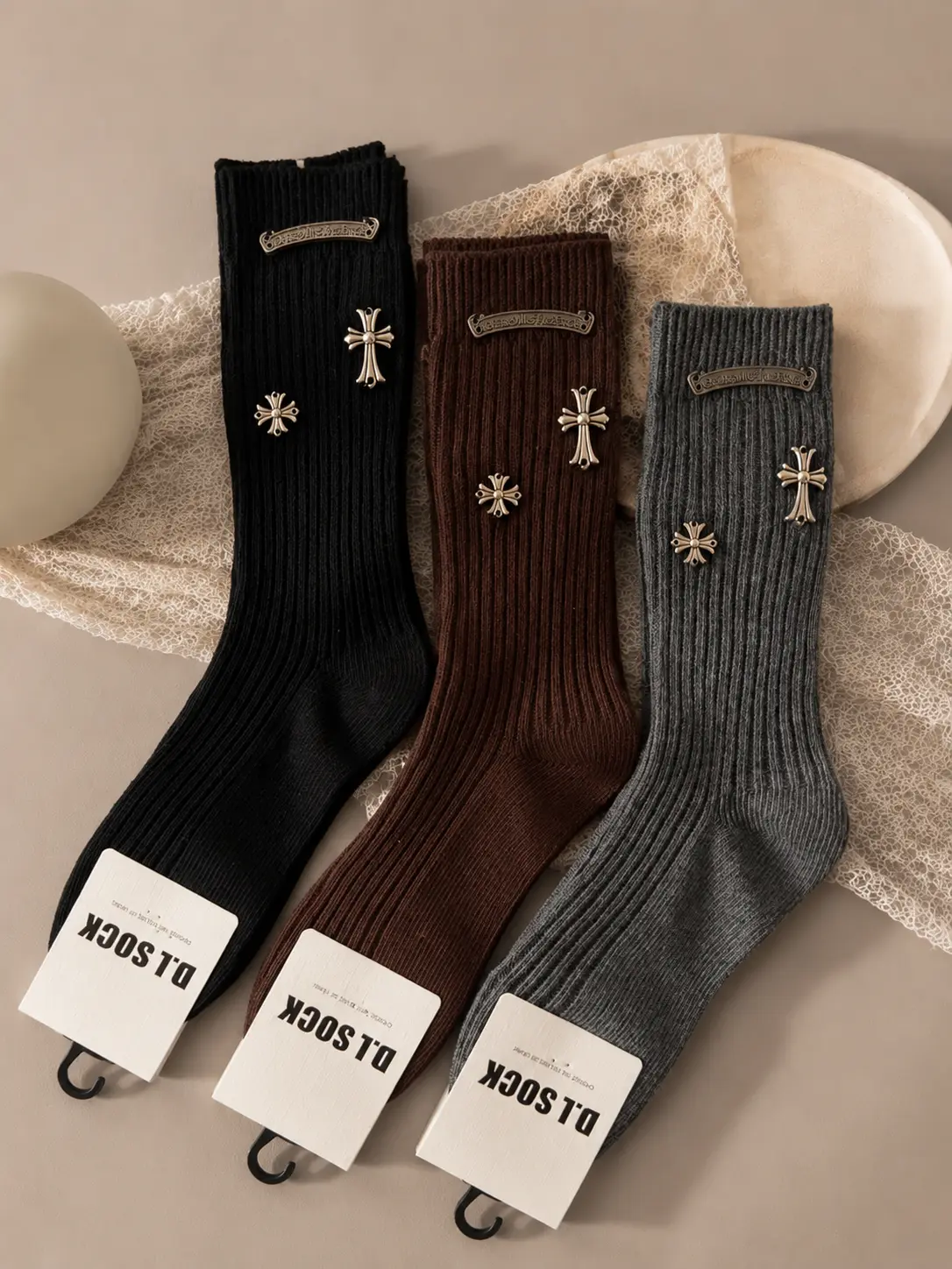 Men Gothic Metal Cross Ornament Ribbed Long Socks Y2K Vintage Dark Brown Black Gray Mid Calf Stackable Socks Streetwear Accessories