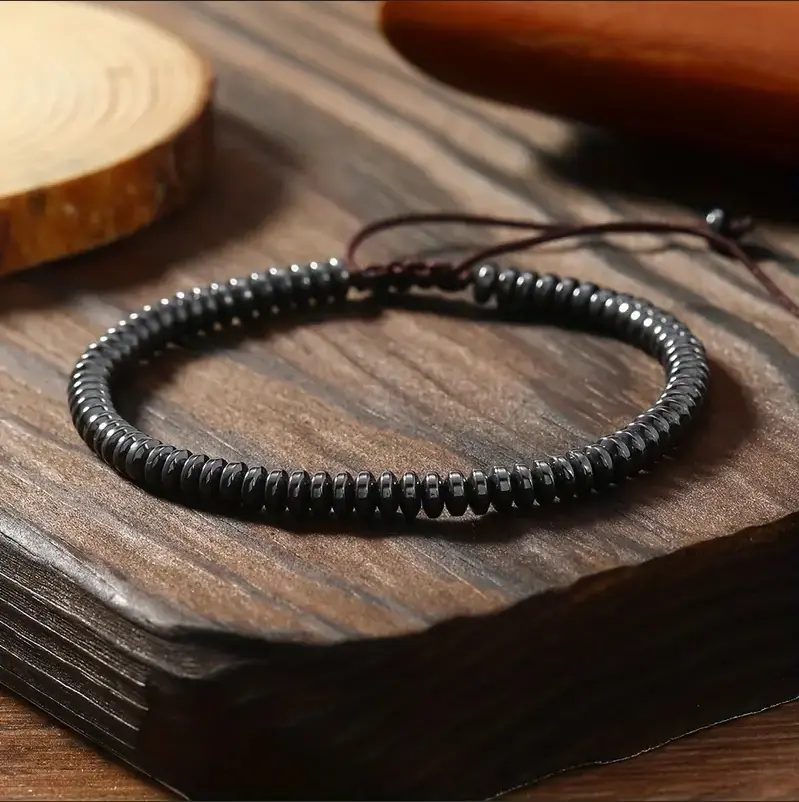 Natural Hematite Flat Bead Crystal Gemstone Bracelet, Healing Natural Crystal Bracelets & Anklets, Minimalist Adjustable Chakra Jewelry Gift for Men, Minimalist Natural Crystal Bracelets & Anklets