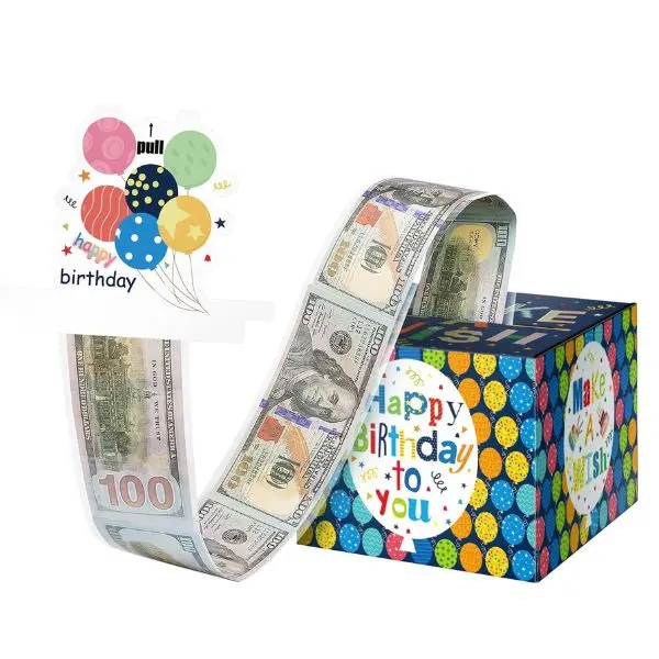 Blue Balloon Money Box for Birthday – Cash Gift Pull Box for Kids, Adults, Parents, Friends, DIY Fun with 50 Clear Bags Included