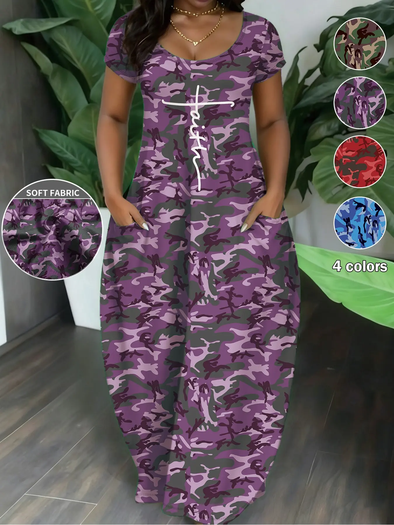Women's Plus Size Camouflage Print Dress, Womenswear, Long Sleeve Short Sleeve, Pocket Design, Casual Daily Wear, Travel Friendly, 4 Colors Available