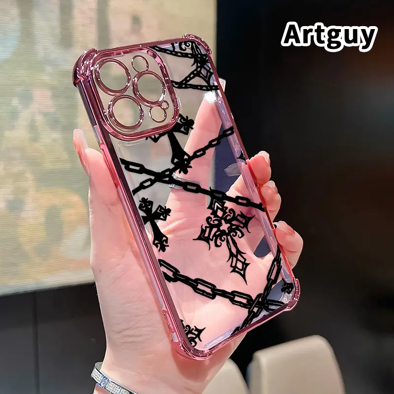 Four Corner Anti-Fall Gothic Cross Chain Pattern Phone Case for iPhone 16 Pro Max 15 Plus 14 13 12 11 E Shockproof Transparent Electroplated Protective Cover