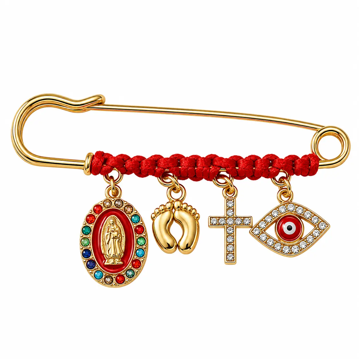 Evil Eye Safety Pin Brooch for Women, Virgin Mary & Cross Religious Charm with Faux Pearl Detail, Maternity Protection Pin, Spiritual Jewelry Gift, Lucky Amulet Accessory