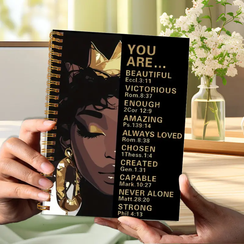 1 African American Women's Spiral Notebook, Aesthetic Notebook, Diaries - 50-Page Bible Verse Journal, Daily Devotional Journal, Gold Decorative Cover, 5.5 x 8.3 Inches Motivational Gift Book, Daily Affirmations and Bible Writing Plan, for School