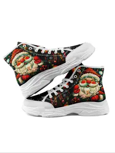 Men's Fashionable Santa Claus Pattern High-top Sneakers, Casual and Comfortable Breathable Canvas Shoes for Men, Versatile Round-toe Shoes for Daily Wear