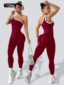 Women's Colorblock Asymmetrical Neck Sleeveless Knit Yoga Jumpsuit, Casual Slim-Fitting Long Sleeve Top for All Seasons
