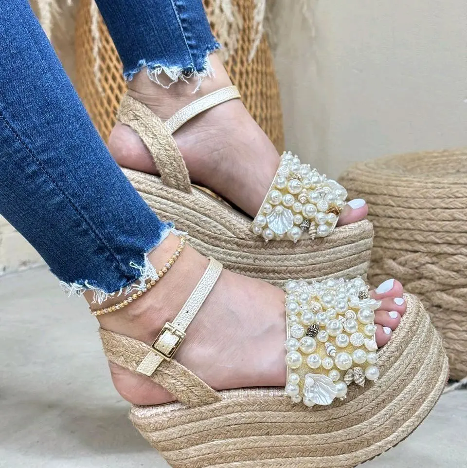 ZoLer>< Women's 12 cm Platform Sandals with Pearl Decor and Braided Design