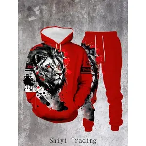Men's Casual 2-Piece Set, Lion Ink Print Hoodie and Sweatpants, Spring and Autumn Clothing Menswear Animal co-ord sets men