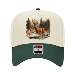 Whitetail Deer Hunting Graphic Hat, Winter Snow Pine Trees Buck Print Cap, Country Hunter Birthday Gift Idea, Vintage Gorpcore Outdoor Wilderness Snapback, Retro Wildlife Nature Scene Sun Cap, Casual Graphic Apparel Streetwear Headwear