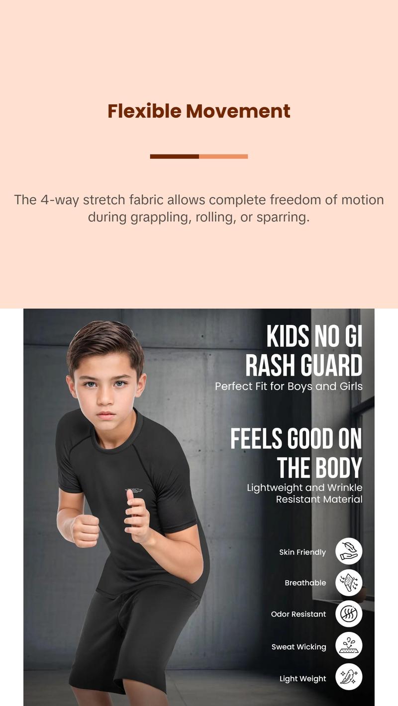 Exxact Sports Kids BJJ Rash Guard Short Sleeve, Ranked No Gi Jiu Jitsu Compression Shirt for Boys & Girls for MMA, Wrestling - (Black) Activewear