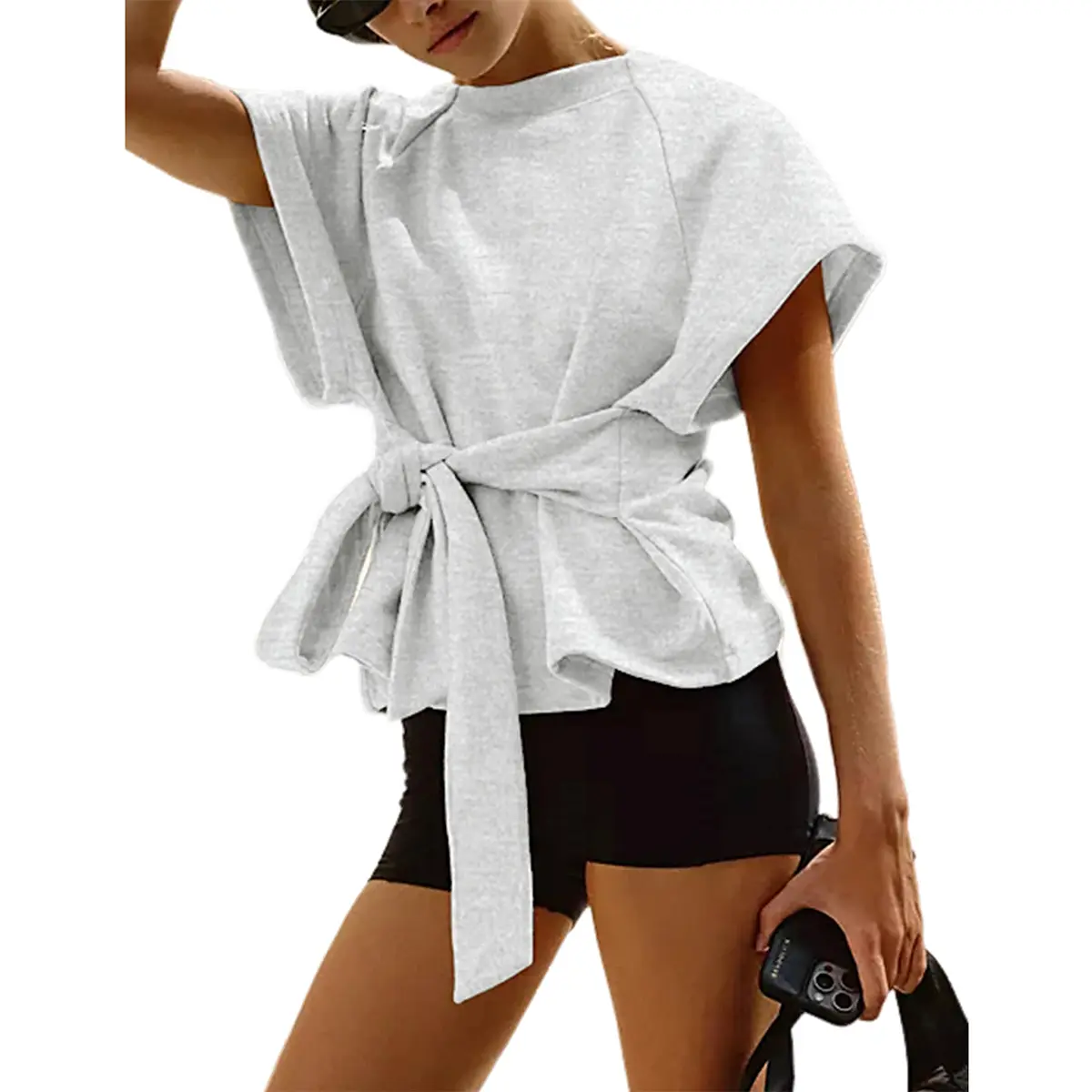 Mibbory Tie Knot Wrap Top For Women Short Sleeve Sweatshirt Tee Summer 2026 Lightweight Dropped Shoulders Crewneck Scoop Neckline Casual Athleisure for Workout Lounging Everyday Wear Fashion Clothes