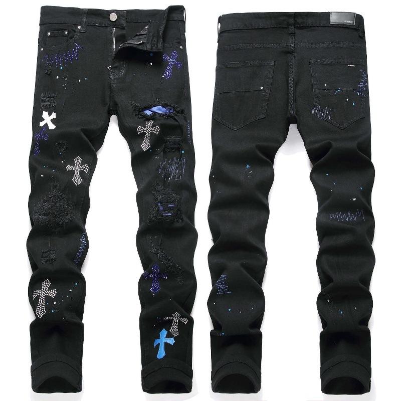 European and American High Street Black Cross Badge Rhinestone Distressed Jeans Men's Slim Fit Casual Long Pants Trendy Brand Streetwear Menswear
