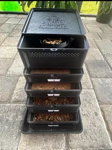 SquirmStack MAX 5-Tier Mealworm Farm Perforated Floor Central Wheat Bran Cylinder Pupae Sanctuary Lid Durable Ventilated Trays Sifting Inserts Compact Easy Maintenance