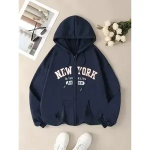 Stylish New York Print Zip-up Drawstring Hoodie - Fashion Sweatshirts with Casual Long Sleeve, Slant Pockets, and Soft Fabric - Ideal for Women's Daily Wear and Outdoor Activities YL170441(Sheets)